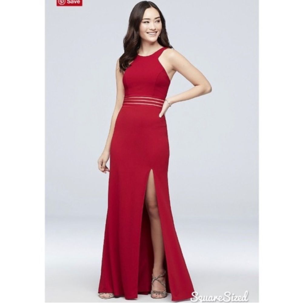 City Triangles Floor-Length Red Prom Dress with Illusion Mesh and Front Slit